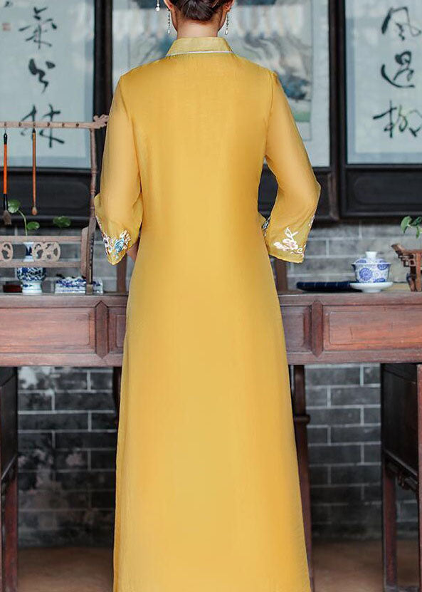 Yellow V Neck Embroideried Patchwork Silk Dress Summer