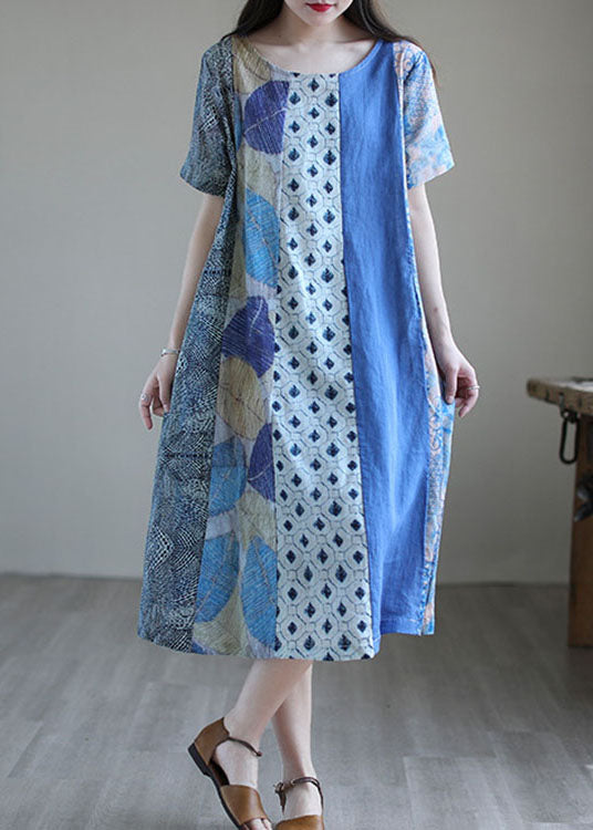 Simple Blue O-neck Print Short Sleeve a Line Fall Dress