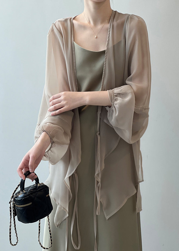 Khaki Chiffon Cardigan Lace Up Long Sleeve