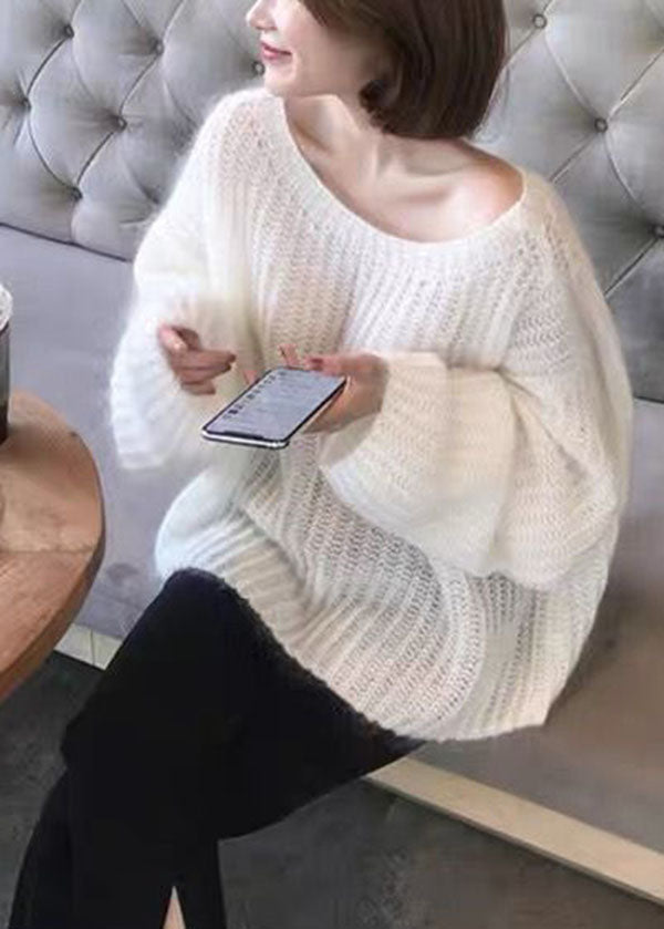 White O-neck Hollow Out Cozy Wool Knit Sweaters Spring
