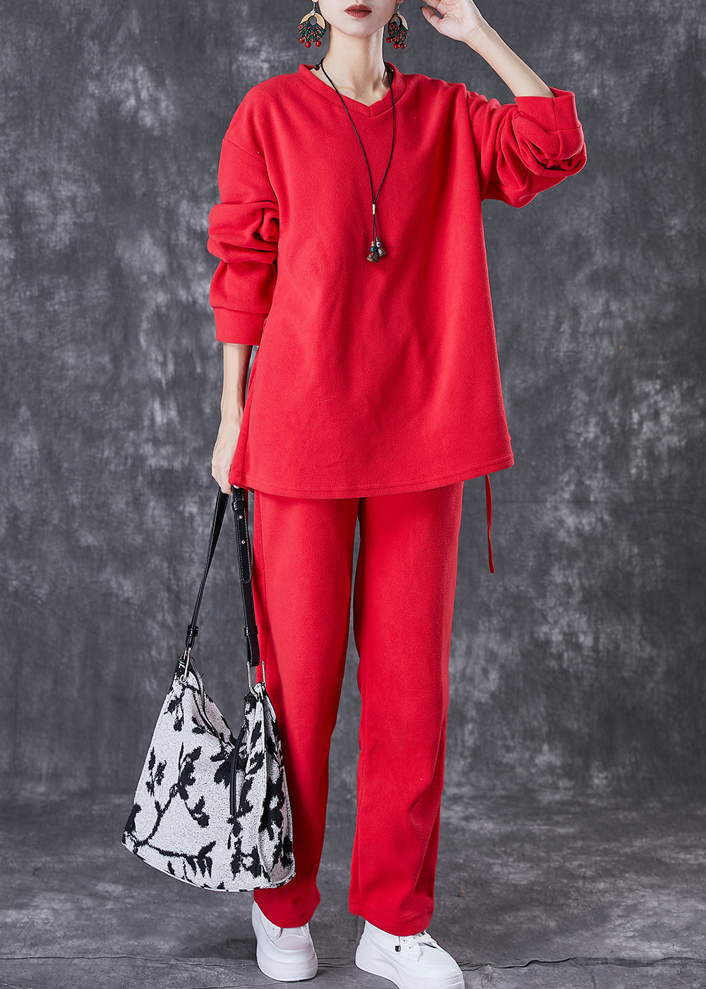 Red Oversized Drawstring Velour Sets 2 Pieces Fall