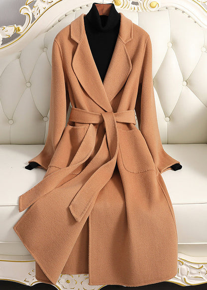 White Notched Tie Waist Woolen Long Coats Fall