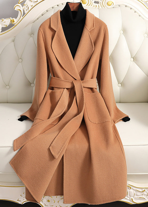 White Notched Tie Waist Woolen Long Coats Fall