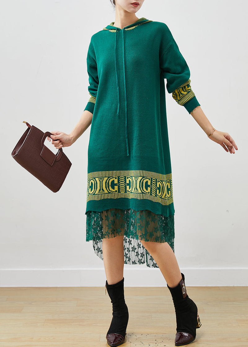 Green Hooded Patchwork Lace Knit Vacation Dresses Spring