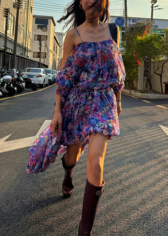 Beach Purple Print Vest and Asymmetrical Skirts Two Pieces Set Sleeveless