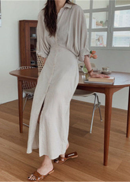 Handmade Light Chocolate Bat Wing Sleeve Patchwork Cotton Shirt Dress Long Sleeve