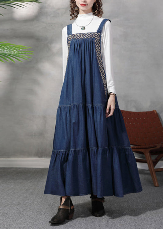 Stylish Blue Wrinkled Embroideried Spaghetti Strap Cotton Denim Dresses Spring