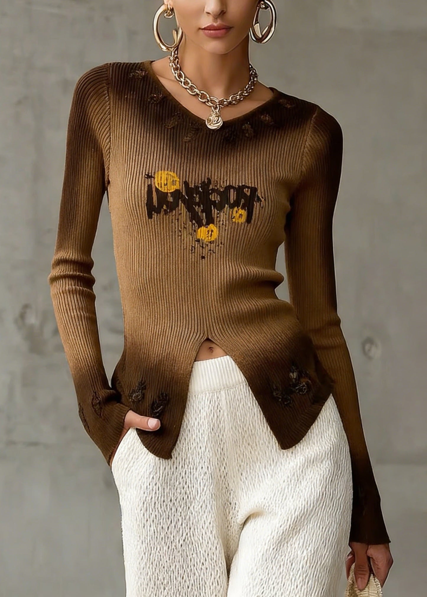 Italian Brown Gradient V Neck Print Knit Top Spring