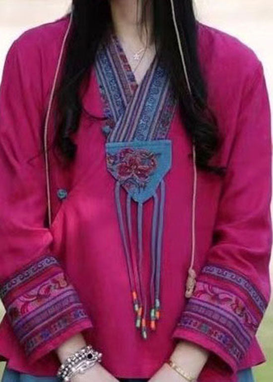 Organic Rose Tie Waist V Neck Embroideried Linen Shirt Spring
