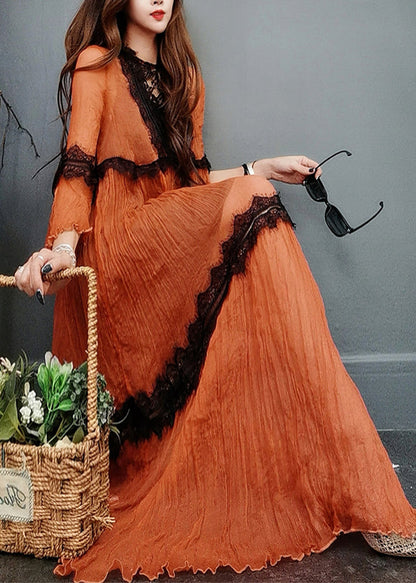 Natural Orange O-neck Lace Patchwork Silk Maxi Dress Flare Sleeve