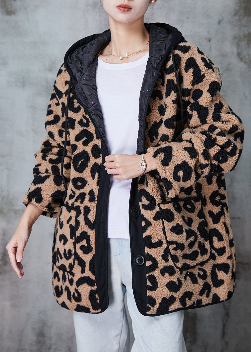 Khaki Hooded Leopard Print Fine Cotton Filled Faux Fur Coat Winter