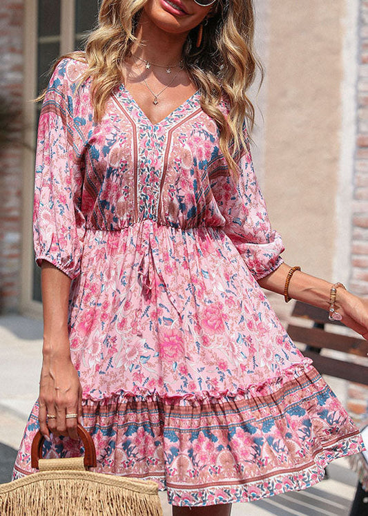 Pink V Neck Ruffled Patchwork Print Cotton Cinch Mid Dresses Half Sleeve