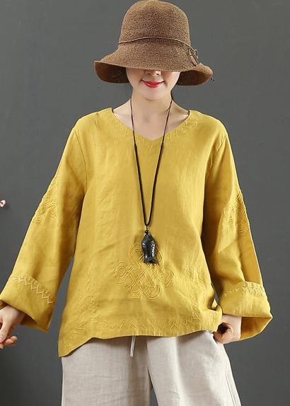 Yellow Clothes V Neck Embroidery Dresses Spring Blouse
