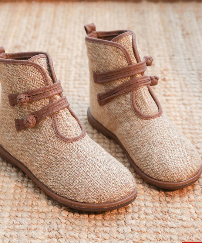 Buckle Strap Ankle Boots Khaki Comfy Cotton Fabric