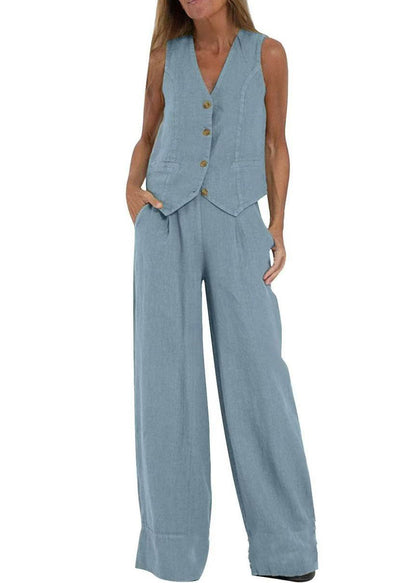 Loose Green V Neck Button Waistcoat and Pants Linen Two Piece Set Sleeveless