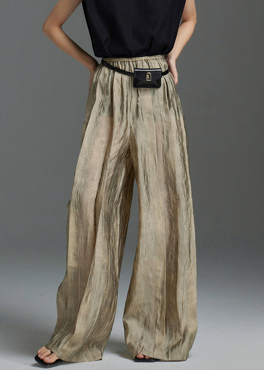 Modern Khaki Wrinkled Elastic Waist Silk Pants Spring