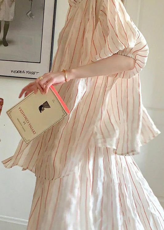 Puff Sleeve Striped Cotton Two Pieces Set