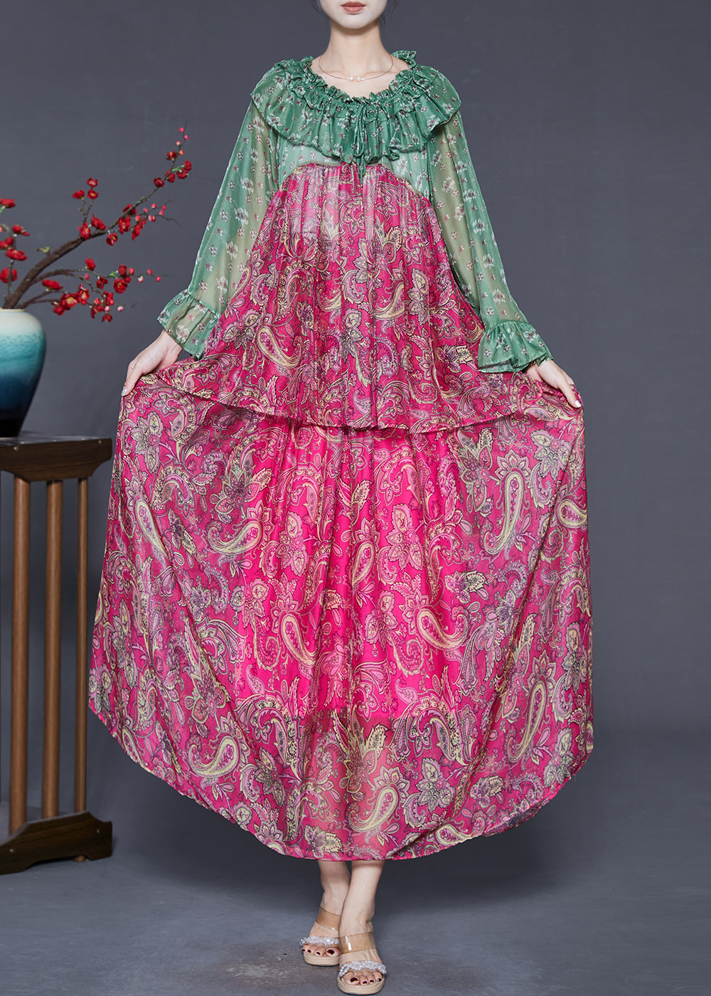 Rose Ruffled Patchwork Print Silk Two Pieces Set Fall