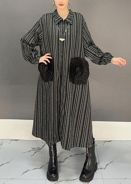 Black Zippered Striped Cotton Long Dress Fall