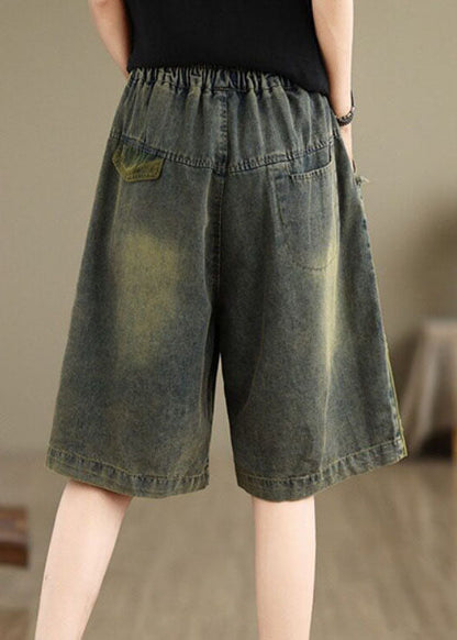 Summer Loose Embroidered Elastic Waist Denim Shorts