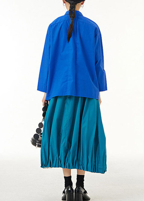 Blue Asymmetrical Design Patchwork Cotton Shirts Top Long Sleeve