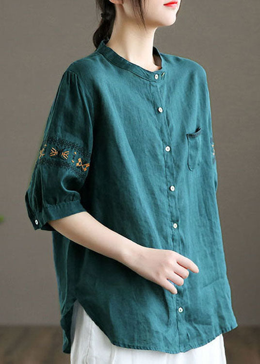 Peacock Blue Embroideried Patchwork Tops Half Sleeve