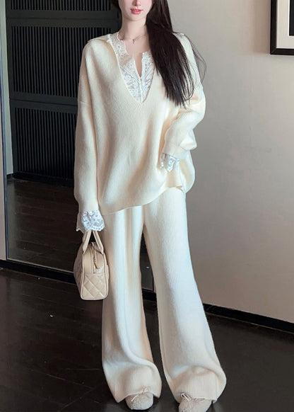 Loose White V Neck Cozy Sweaters and Pants Knit Two Piece Set Fall