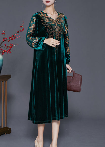 Green Embroideried Hollow Out Silk Velour Dress Fall