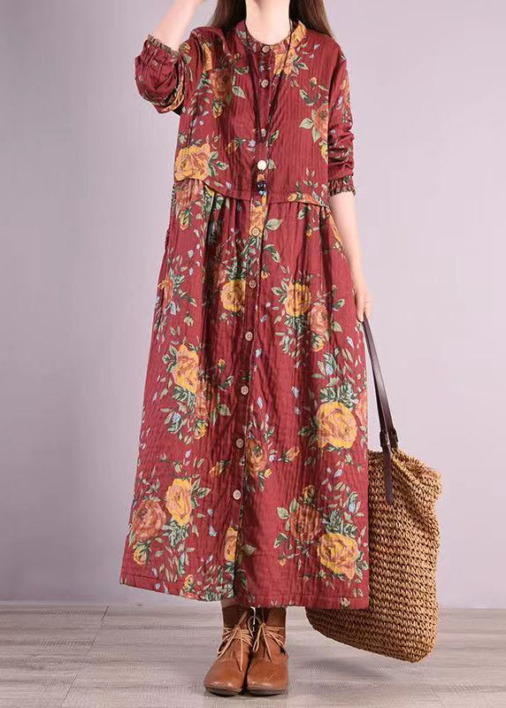 Red Stand Collar Print Patchwork Cotton Long Dresses Fall