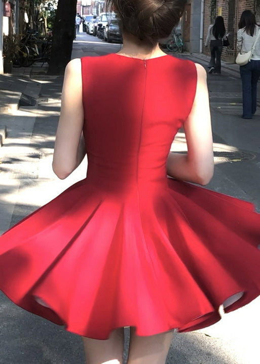 New Red V Neck Zippered Cotton Mini Dresses Sleeveless