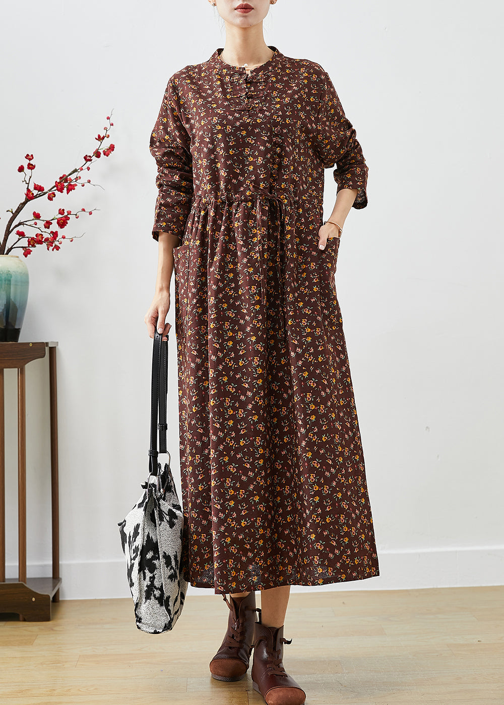 Chocolate Cinched Print Pockets Cotton Dresses Fall