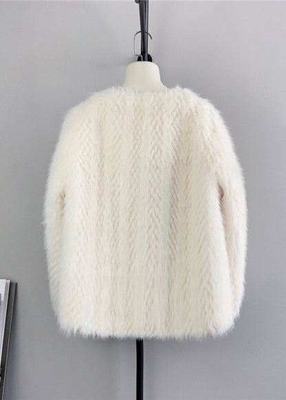 Beige O Neck Double Breast Mink Cashmere Coats Winter
