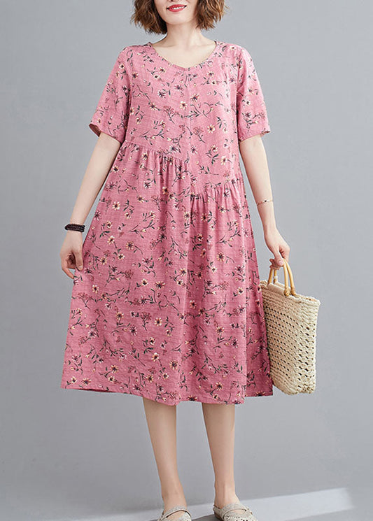 Red Print Linen Holiday Dresses Wrinkled O-neck Short Sleeve