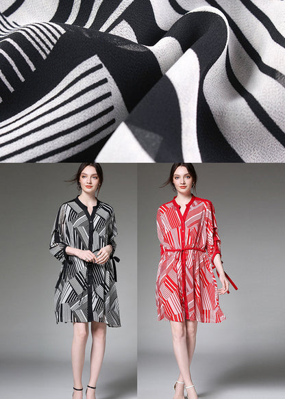 Boutique Red Tie Waist Cinched Print Fall Chiffon Half Sleeve Vacation Dresses