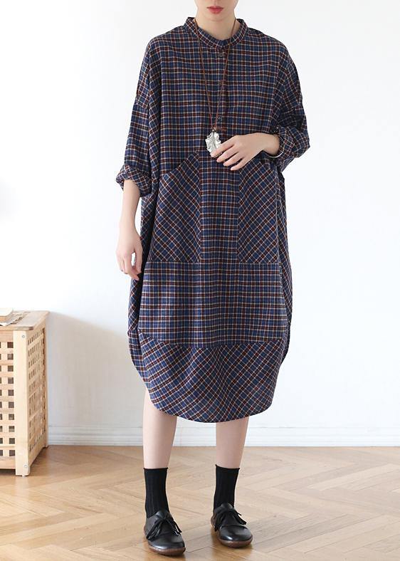 Blue Plaid Cotton Long Shirt Button Spring Long Dresses