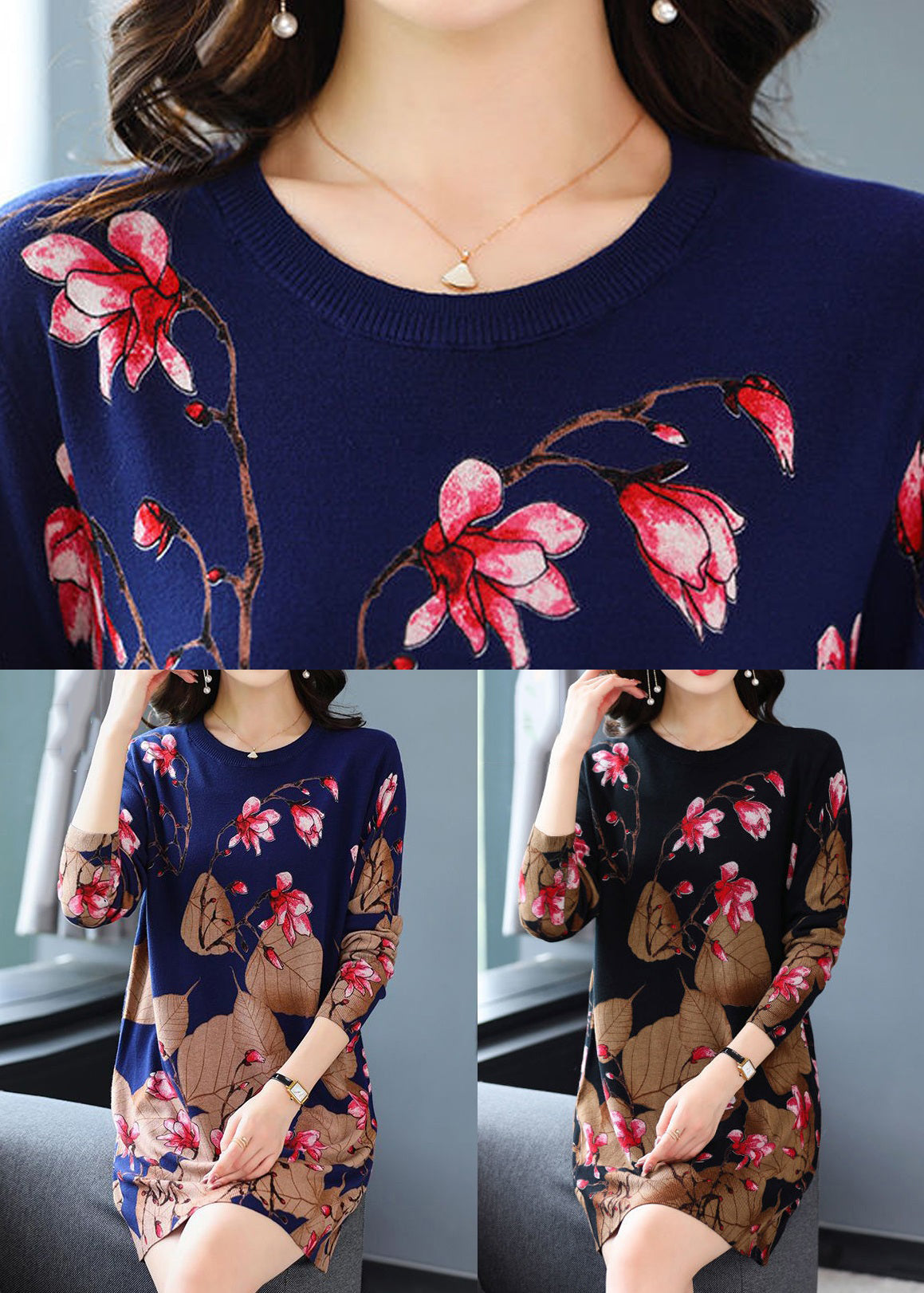 Loose Black O-neck Print Knit Mid Dress Spring