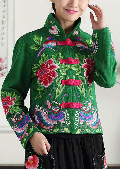 Green Stand Collar Embroideried Cotton Jacket Fall