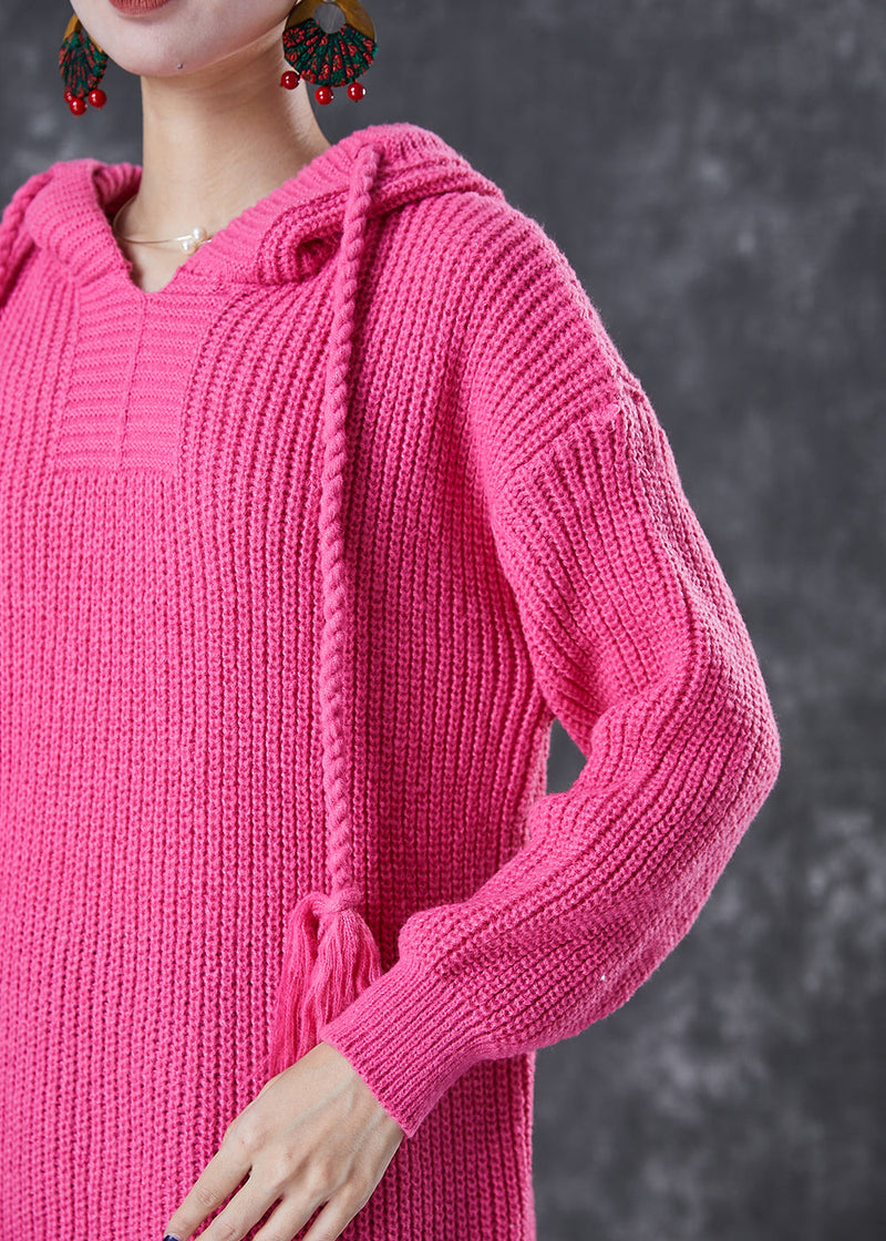 Diy Rose Hooded Drawstring Knit Pullover Sweatshirt Dress Fall