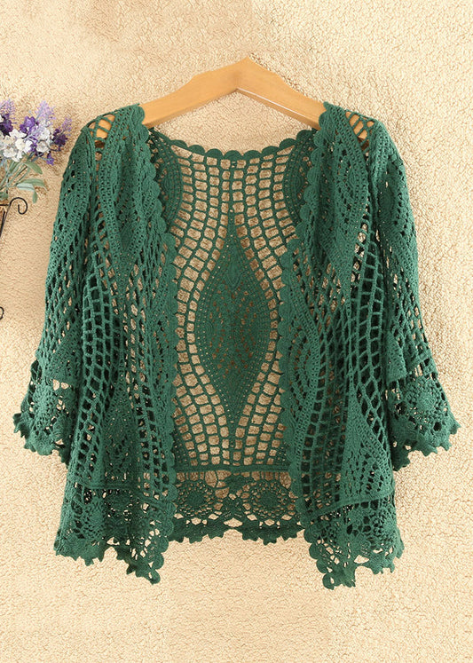 Blackish Green Hollow Out Cotton Knit Cardigan Summer
