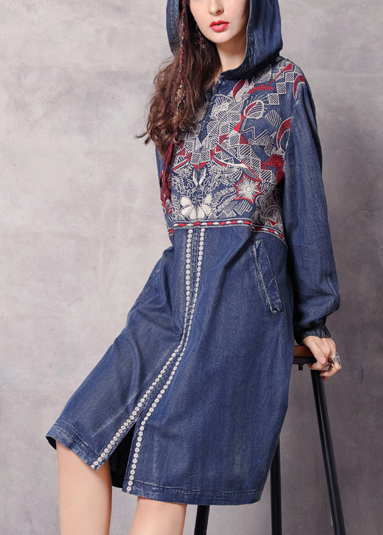 Boutique Blue Zippered Hooded Embroideried Pockets Denim Trench Coats Spring