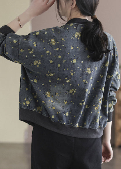Grey V Neck Print Cotton Denim Coats Spring