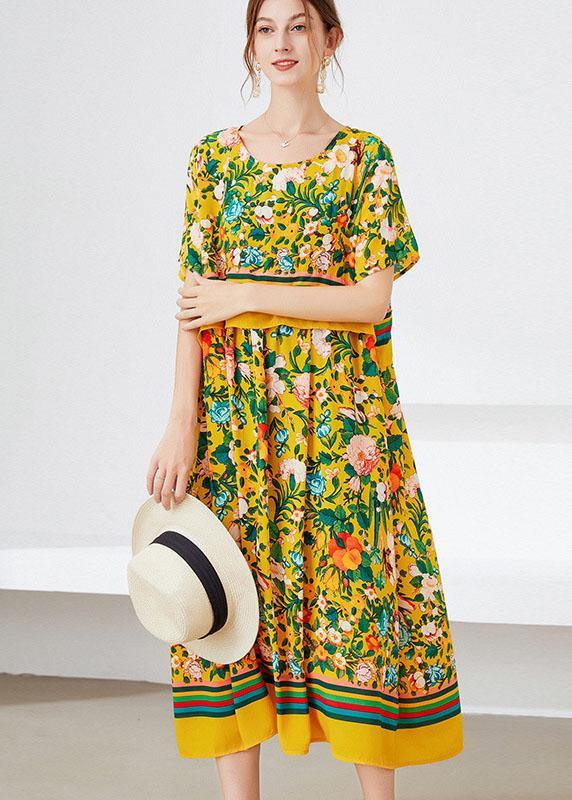 Natural Yellow Loose O-neck Print Summer Robe Dresses Half Sleeve