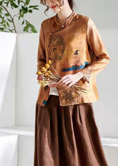 Chocolate O-neck Button Print Tops Long Sleeve Spring