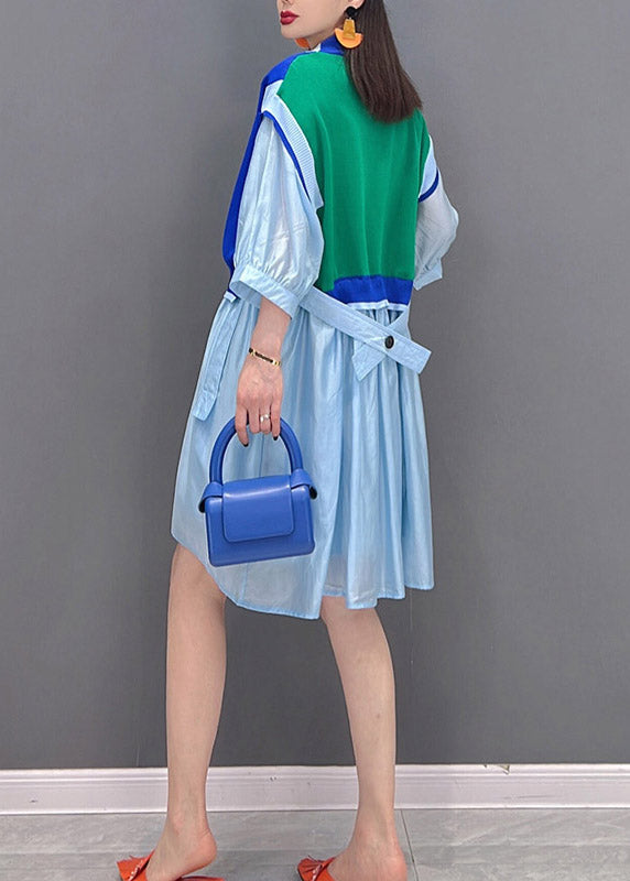 Modern Blue V Neck Striped Patchwork Button Wrinkled Dresses Half Sleeve