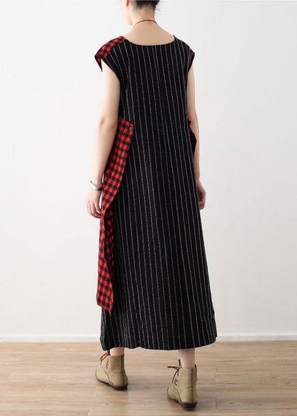Art Red Plaid Cotton Linen Asymmetrical Design Patchwork Party Dresses