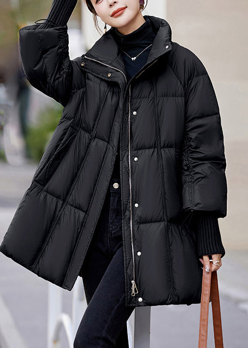 Black Stand Collar Drawstring Duck Down Puffer Jacket Winter