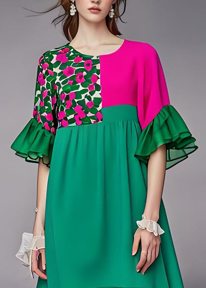 Style Green O Neck Patchwork Chiffon Mid Dress Butterfly Sleeve