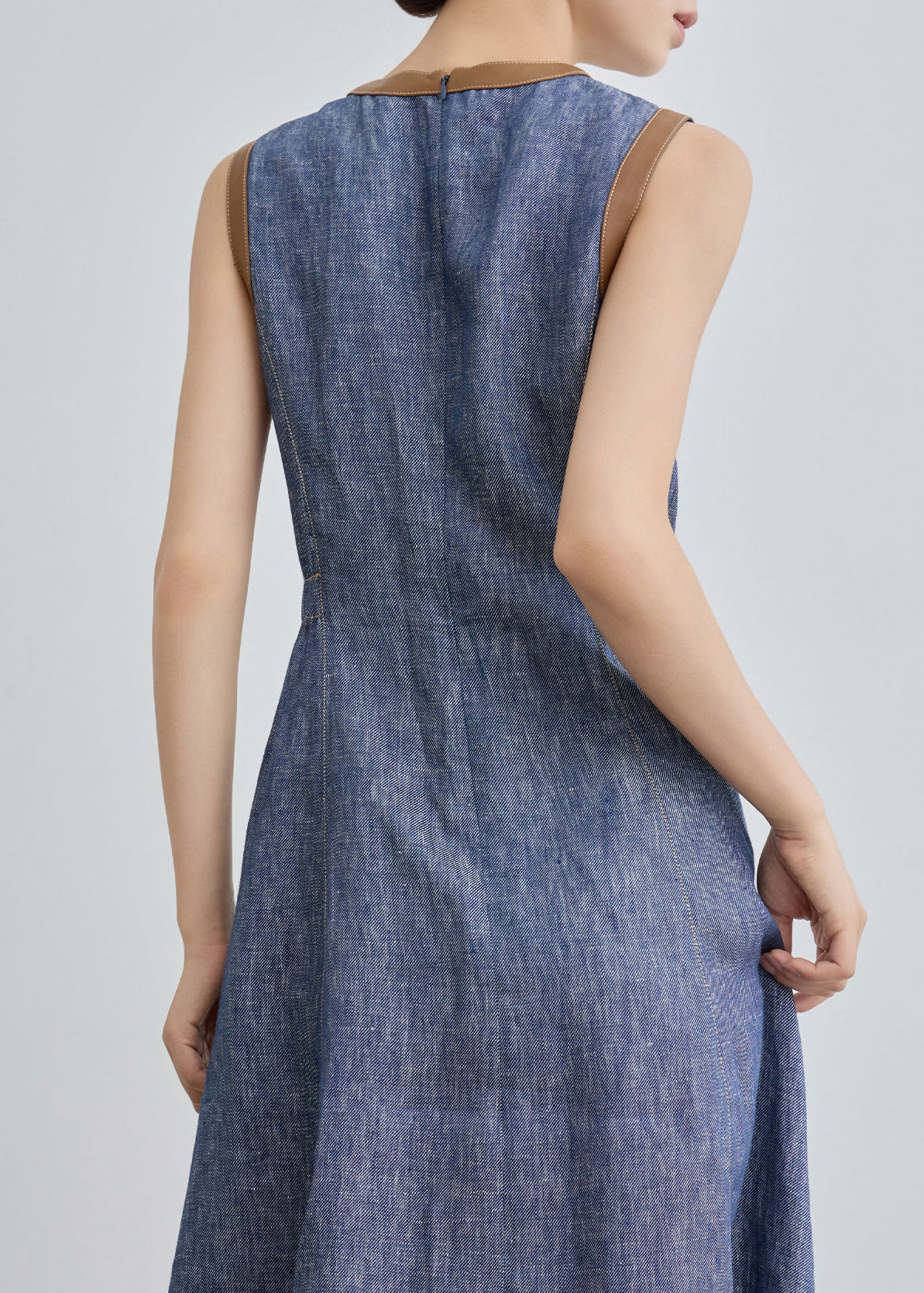 Slim Fit Blue O Neck Pockets Patchwork Denim Long Dress Sleeveless