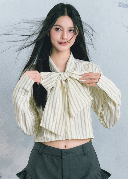 Light Yellow Bow Striped Patchwork Top Fall