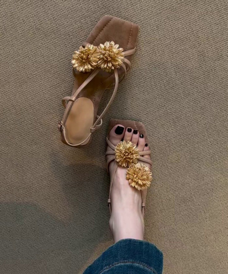 Brown Cowhide Leather Splicing Sandals Peep Toe